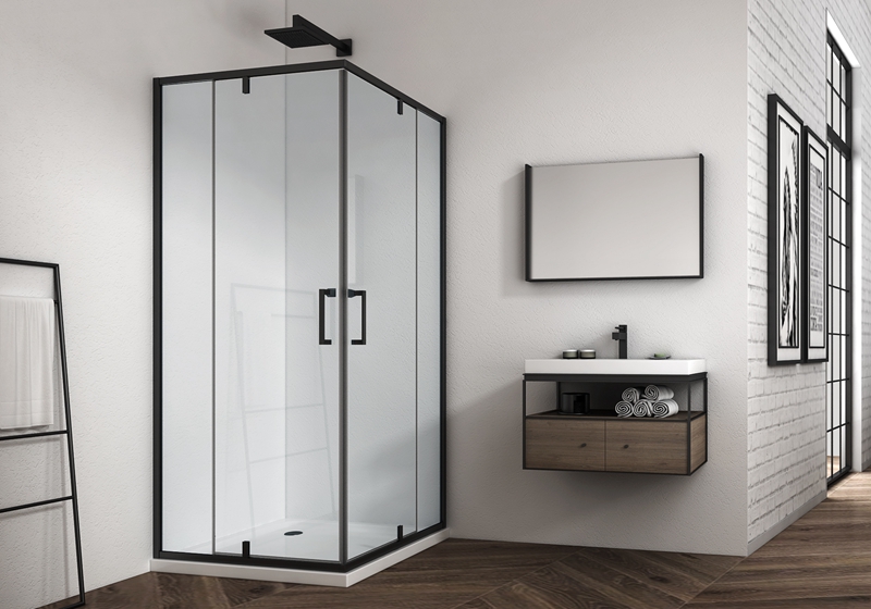 EX-309-3 6mm hjørne 2 faste glass +2 dørs glasshengsel pluss dusjkabinett med matt svart finish