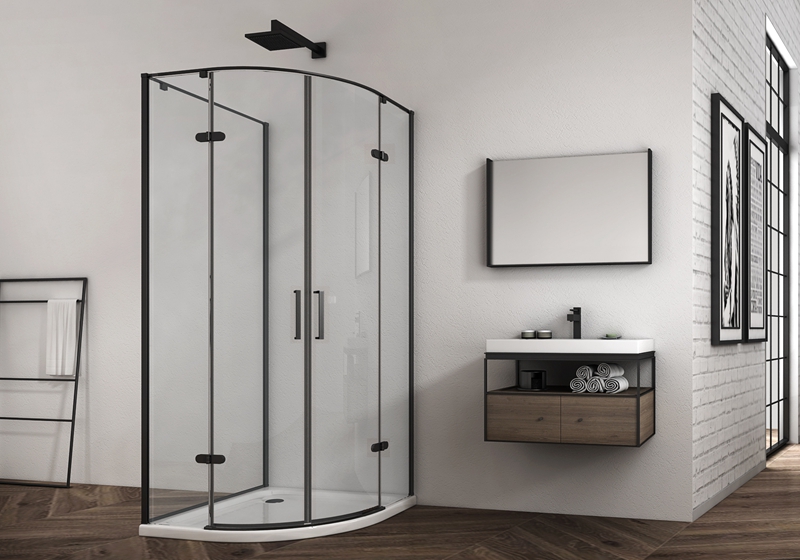 EX-427-4 6/8 mm matt svart kvadranthengsel premium dusjkabinett + sideglass