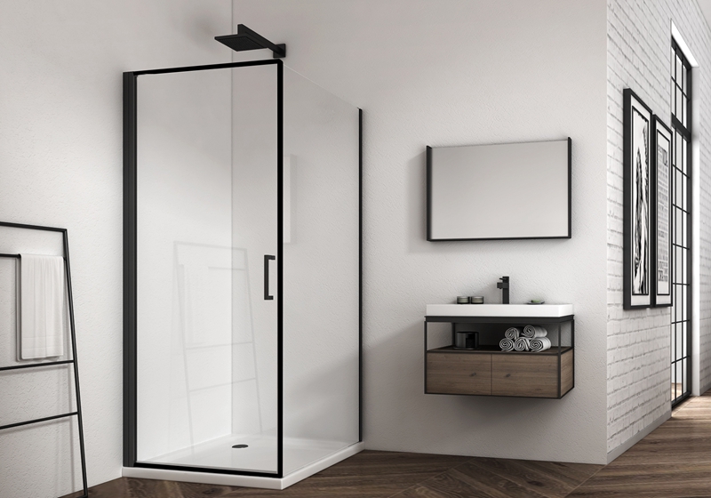 EX-921 6/8 mm matt svart firkantet hengslet premium dusjkabinett med vanntett stripe